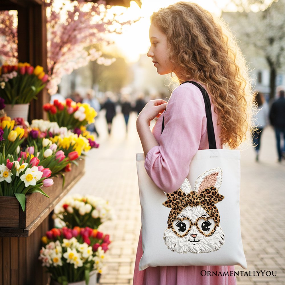Easter Bunny Leopard Bow Tote Bag, Coquette Faux Embroidery Shopper