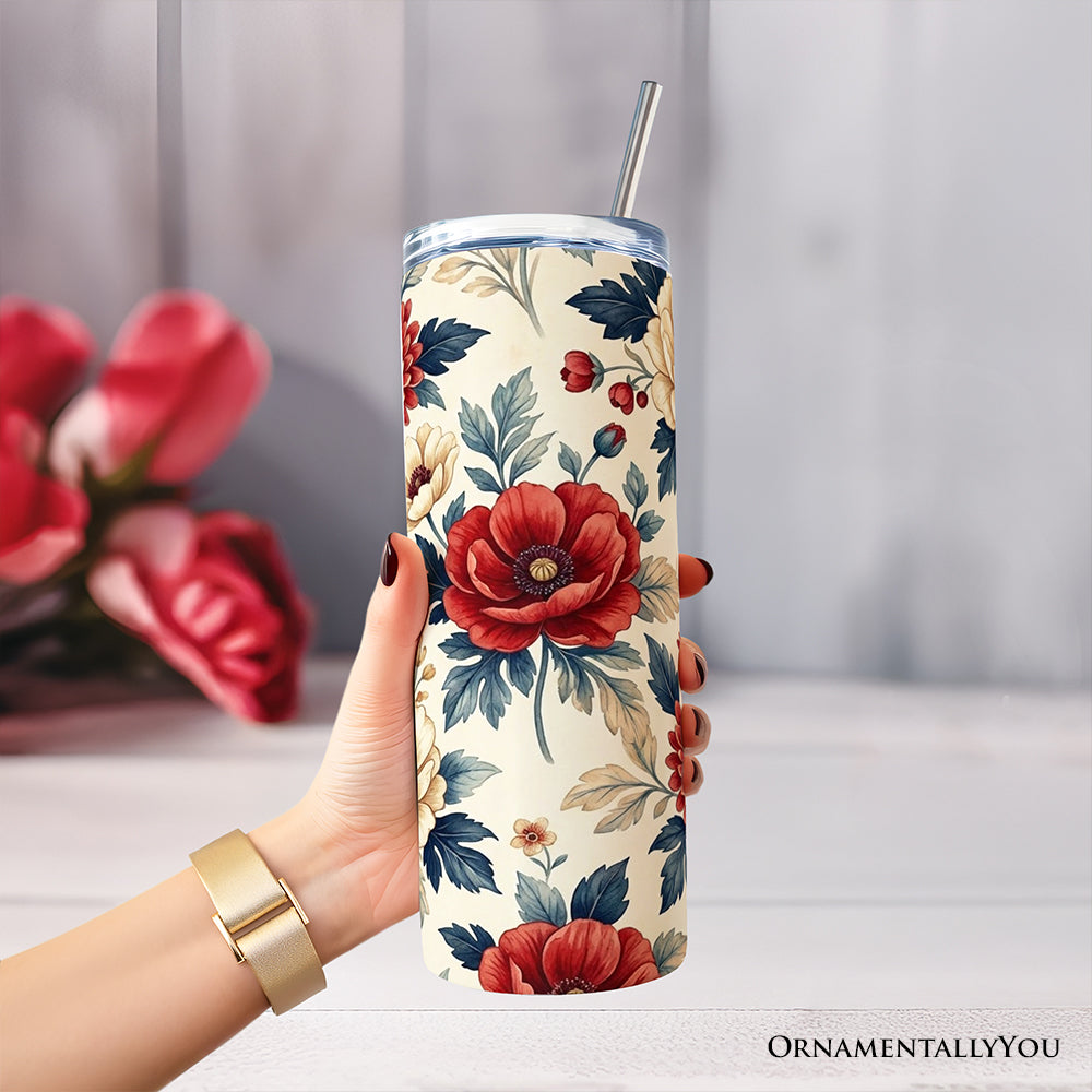Red and Cream Floral 20oz Personalized Tumbler with Straw