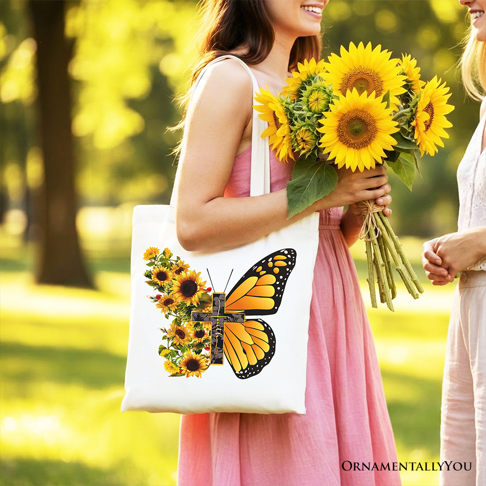 Faith Cross Butterfly Tote Bag - Christian Floral Cotton Shopper
