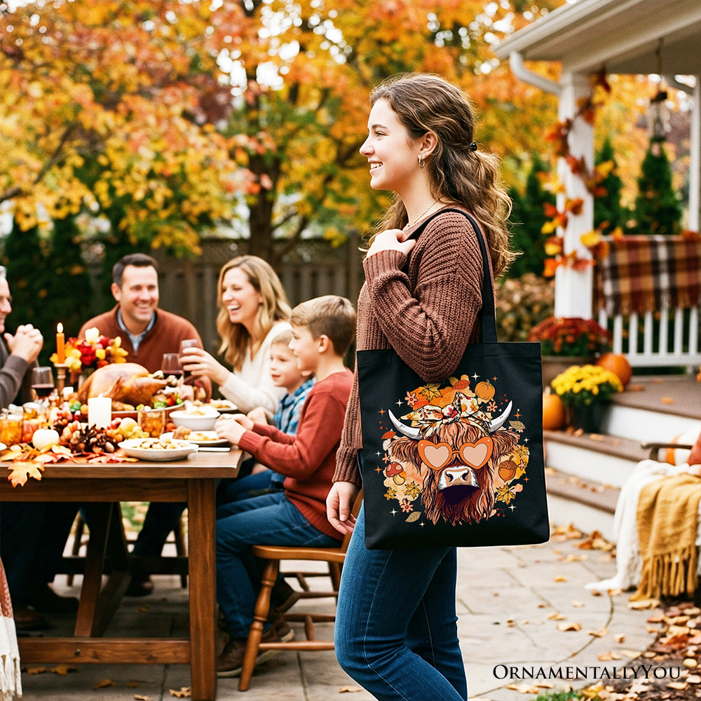 Fall Highland Cow Messy Bun Howdy Autumn Canvas Tote Bag