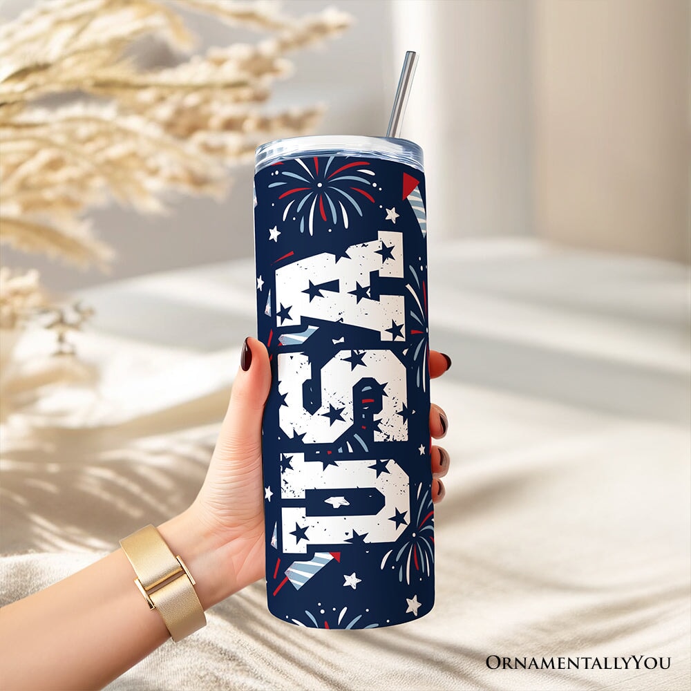 Fireworks USA Block Letters 20oz Tumbler, July 4th Patriotic Gift