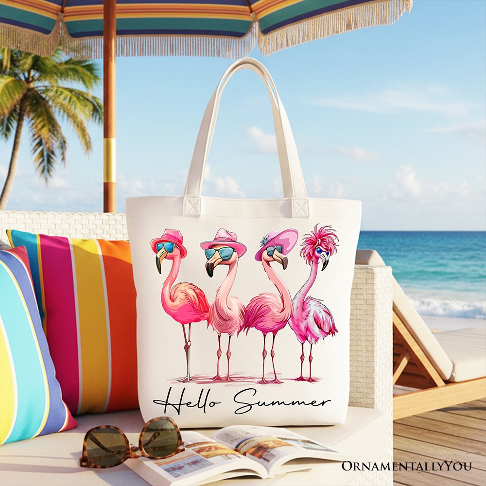 Flamingo Hello Summer Canvas Tote - Whimsical Tropical Gift Bag