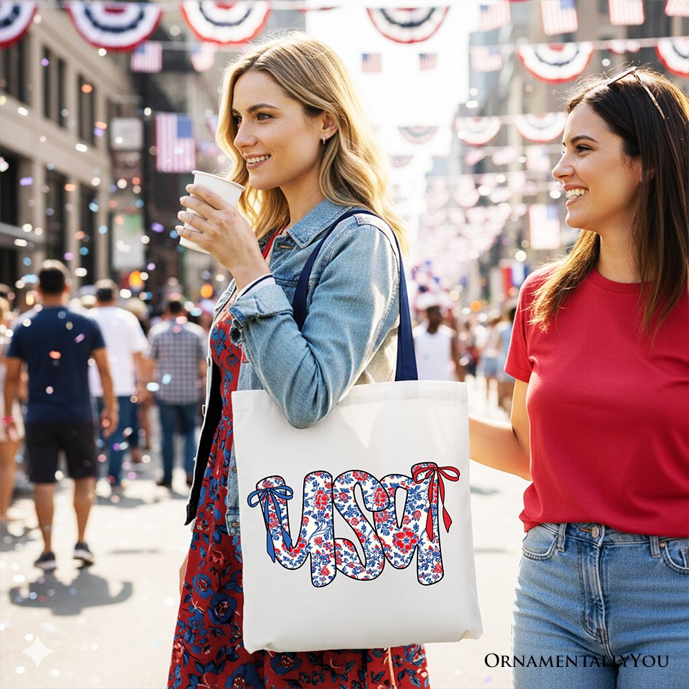 Floral USA Patriotic Canvas Tote Bag - Red, White and Blue Shopper