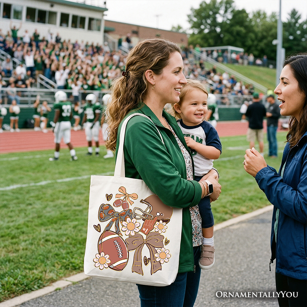 Football Mom Coquette Bow Daisy Game Day Canvas Tote Bag