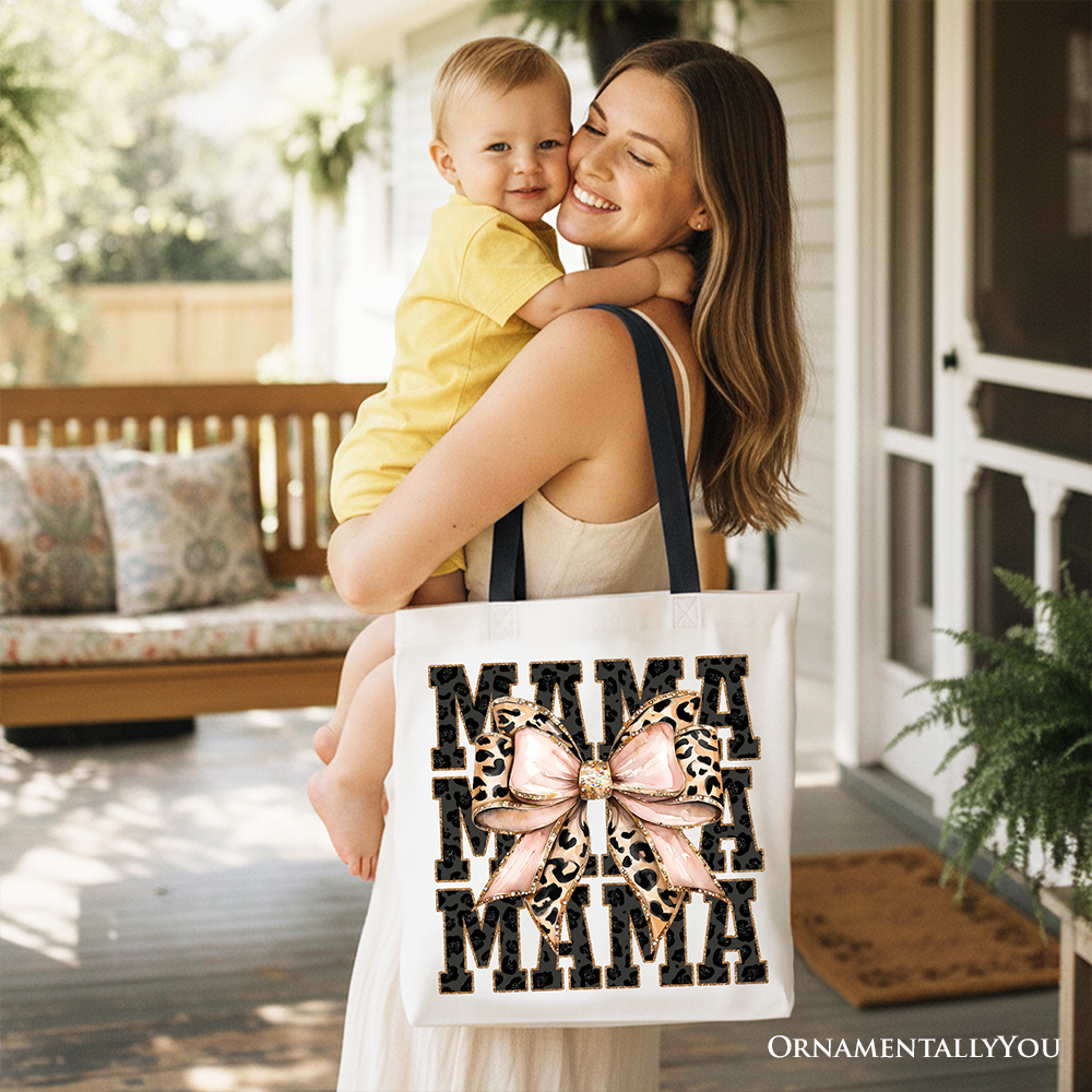 Glitter Leopard Mama Tote Bag with Coquette Bow for Trendy Moms