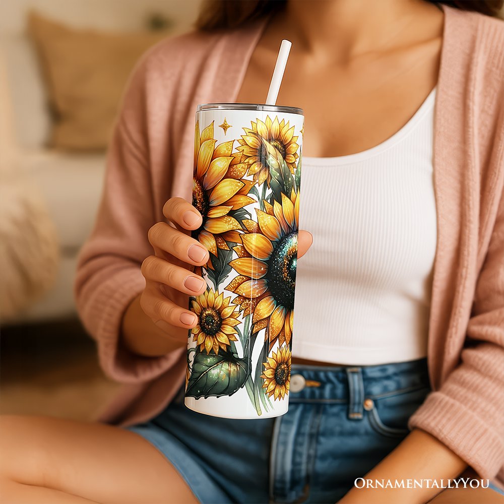 Glittered Sunflower 20oz Travel Tumbler with Straw and Lid
