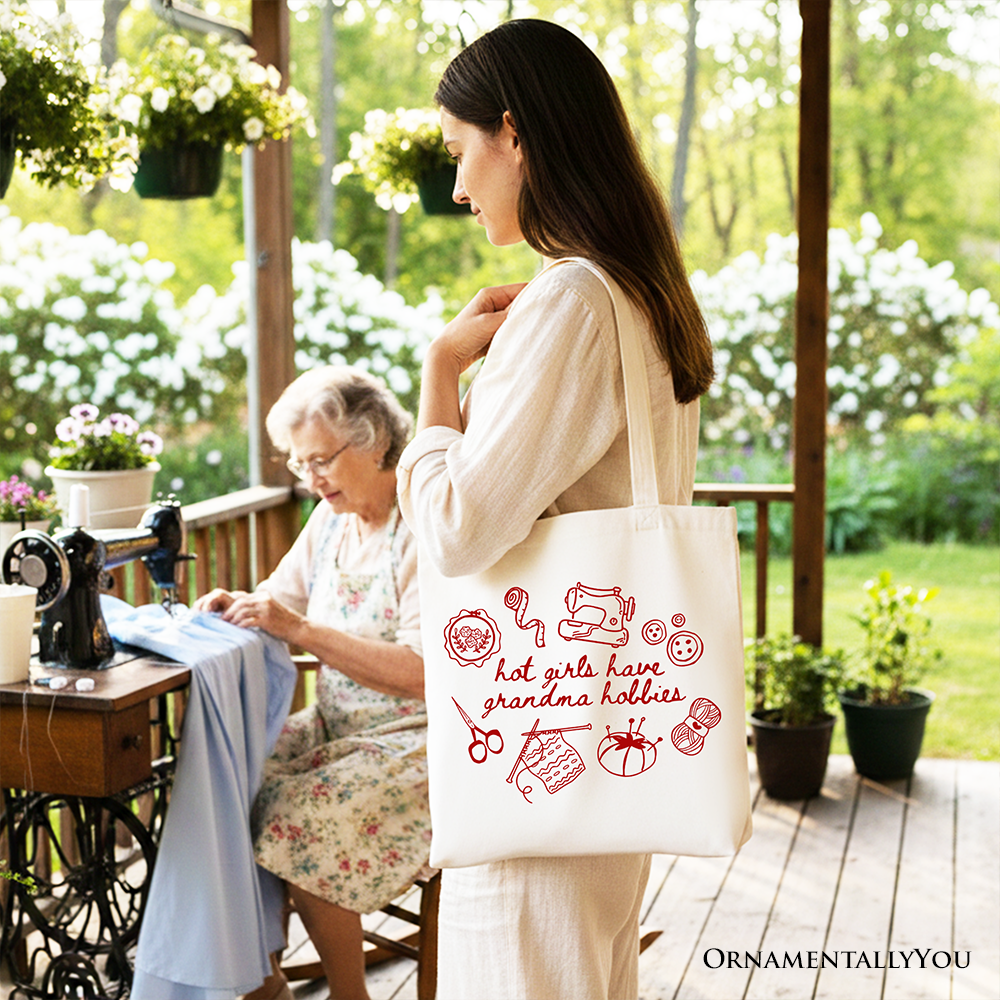 Granny Era Sewing Knitting Tote Bag Funny Grandma Hobbies Shopper