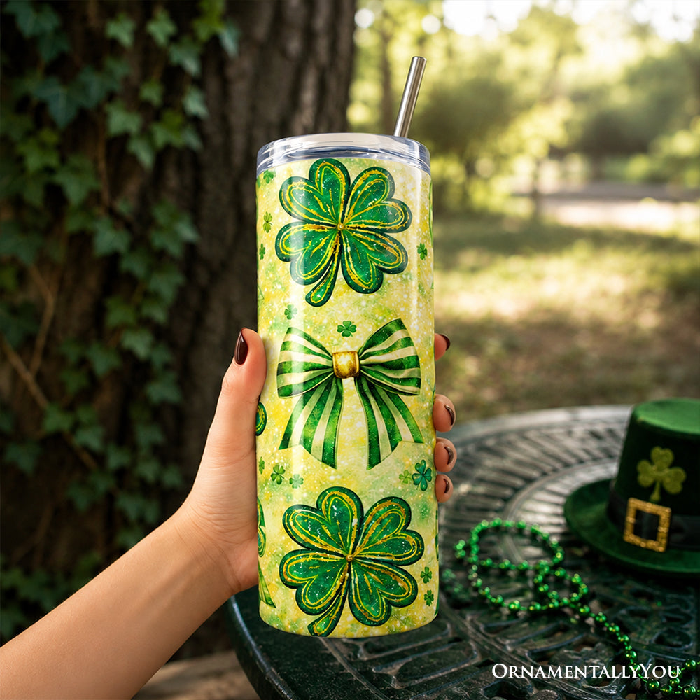 Green Shamrock Bow Pattern 20oz Personalized Tumbler with Straw