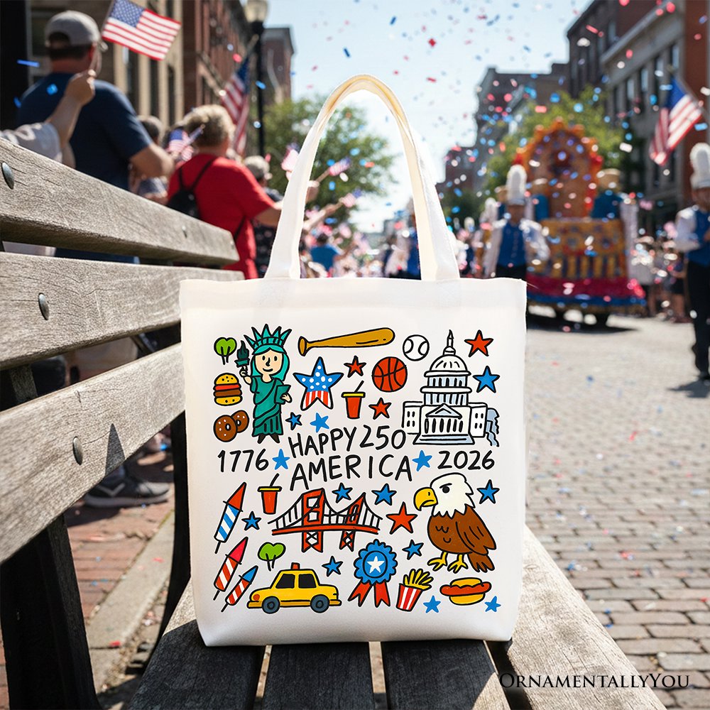 Happy 250 America Doodle Cotton Tote Bag USA Patriotic Anniversary