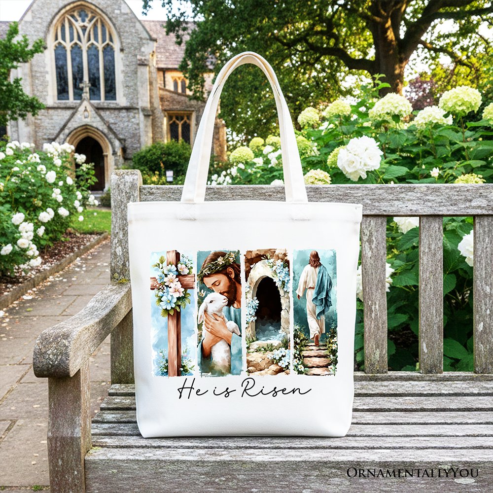 He Is Risen Christian Brushstroke Canvas Tote Bag Easter Gift