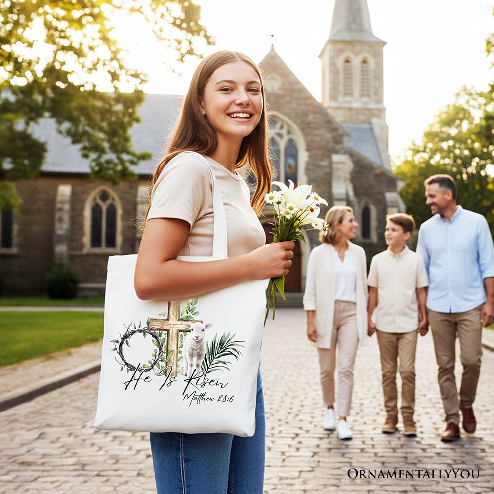 He Is Risen Lamb Cross Easter Tote Bag, Christian Gift Shopper