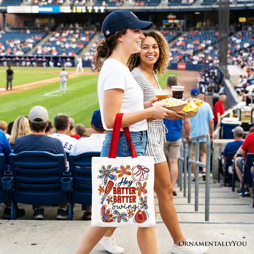 Hey Batter Baseball Tote Bag Retro White Natural Gift Shopper