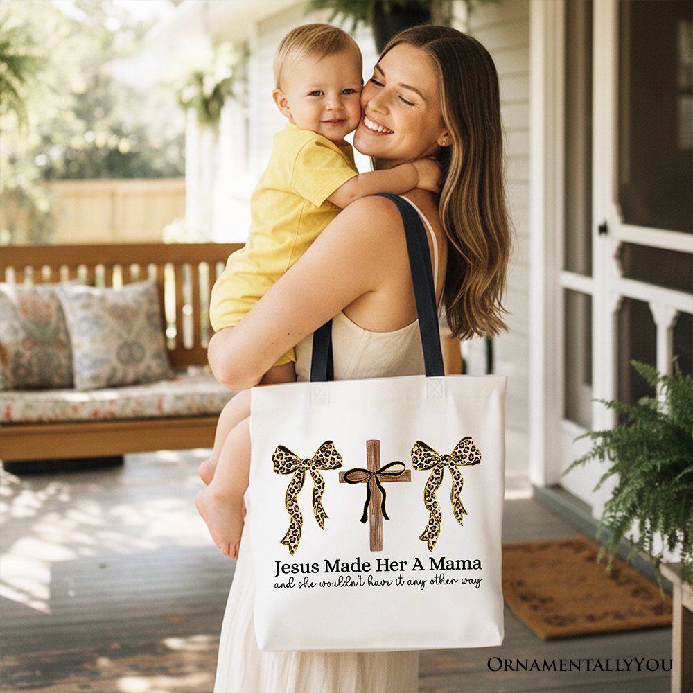 Jesus Made Her A Mama Tote Bag Coquette Christian Leopard Bows