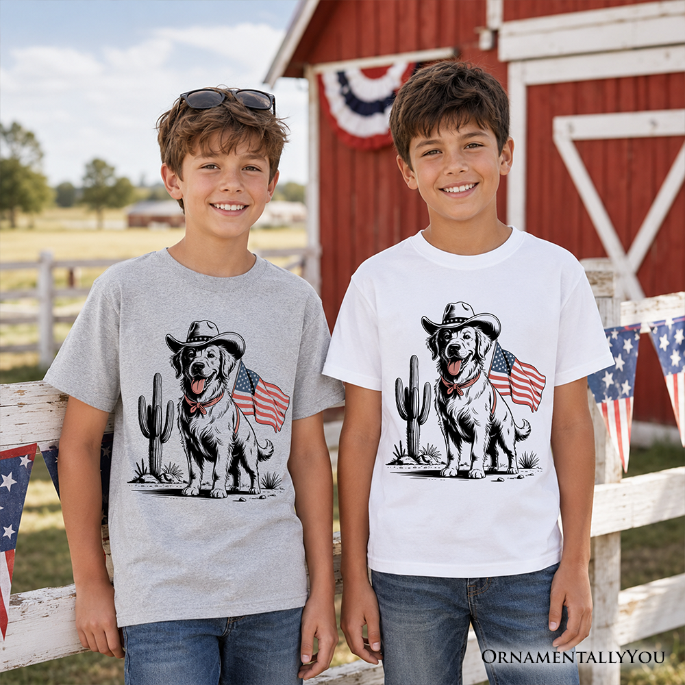Kids American Cowboy Dog T-Shirt, Western Youth 4th of July Tee