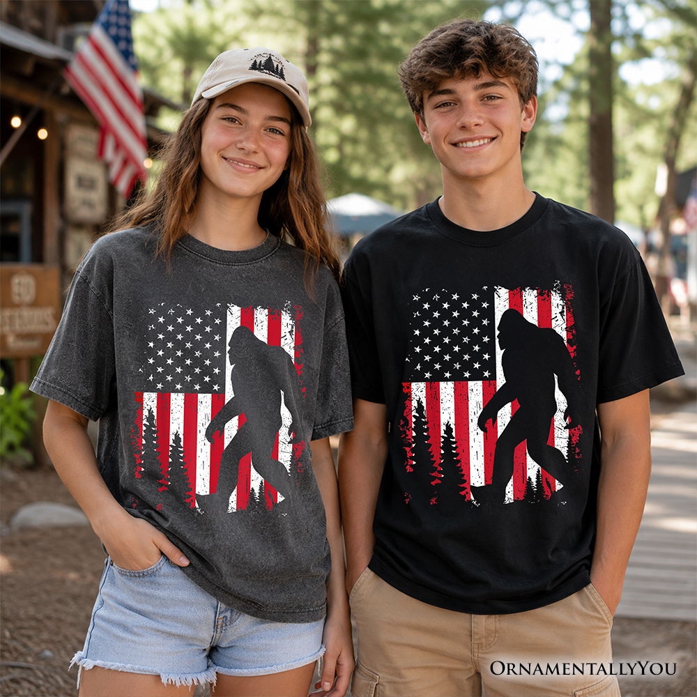 Kids Bigfoot American Flag T-Shirt Patriotic Sasquatch Youth Tee