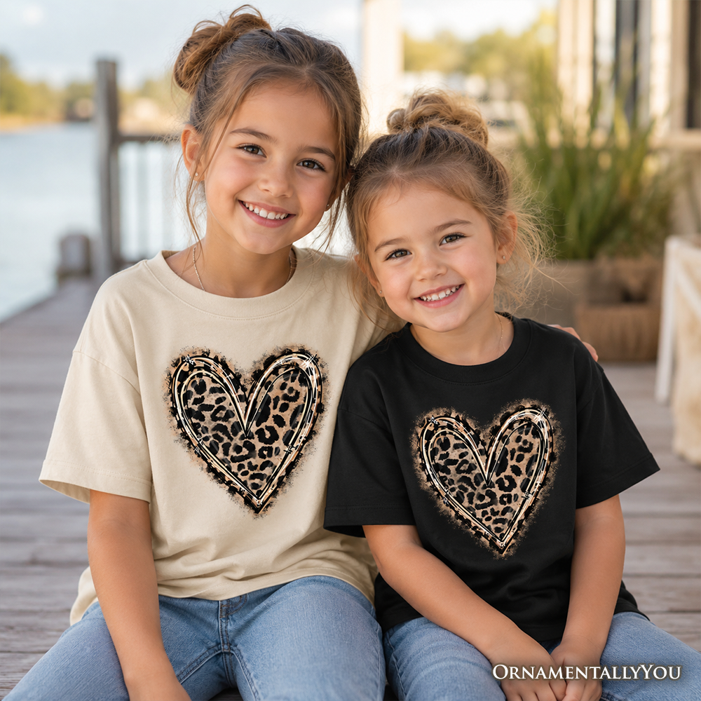 Kids Leopard Heart Valentine T-Shirt, Watercolor Love Tee