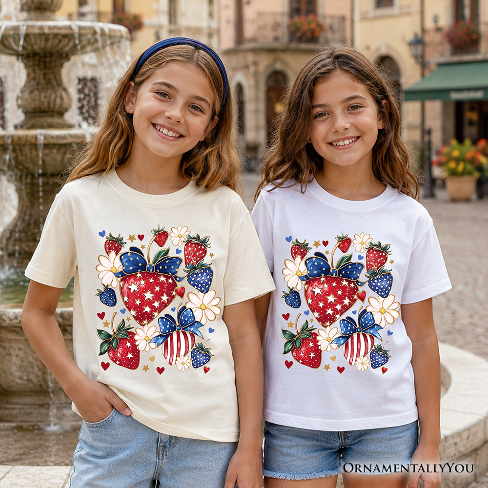 Kids Patriotic Boho Strawberries Bouquet T-Shirt 4th of July Tee