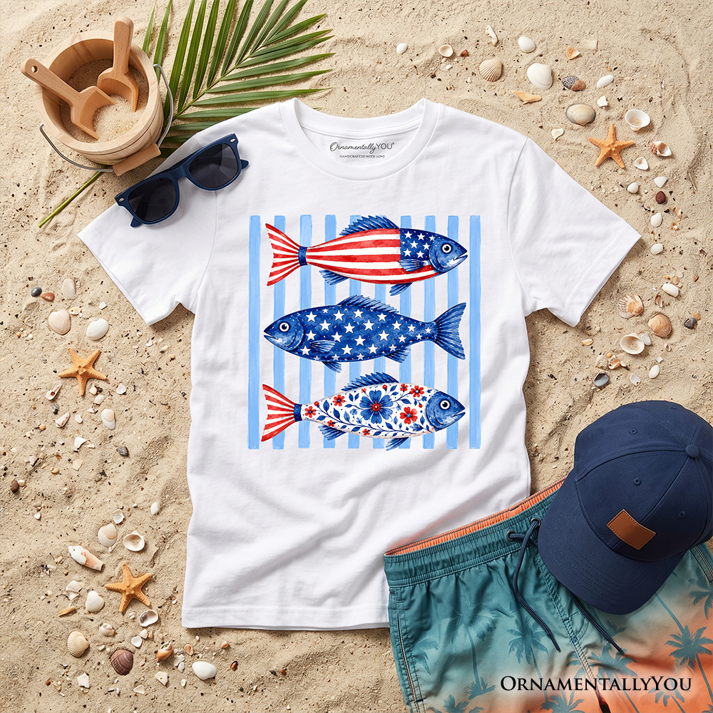 Patriotic Fish Striped T-Shirt for Kids - 4th of July Beach Youth Tee