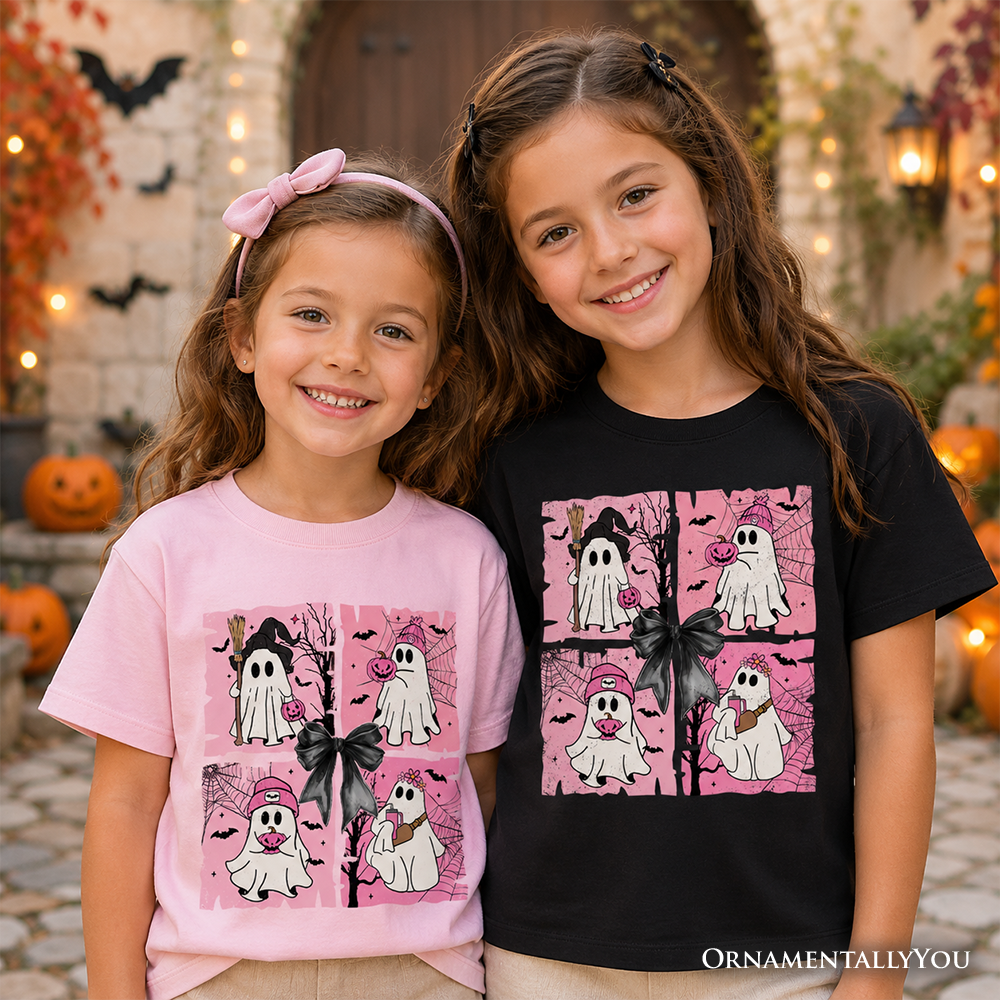 Kids Pink Halloween Ghost T-Shirt, Coquette Spooky Season Tee