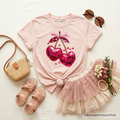 Kids Pink Cherry Heart Valentine T-Shirt, Sequin Coquette Tee