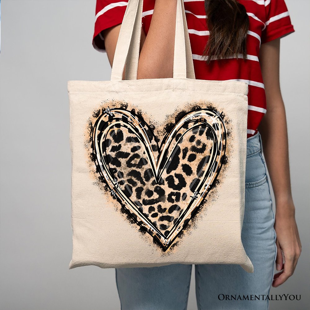 Leopard Heart Valentine Canvas Tote Bag, Leopard Print Shopper