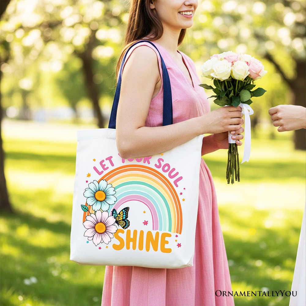 Let Your Soul Shine Rainbow Floral Cotton Tote Bag Retro Shopper