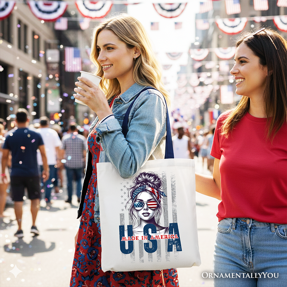 Messy Bun Patriotic Tote Bag Retro 4th of July White Shopper