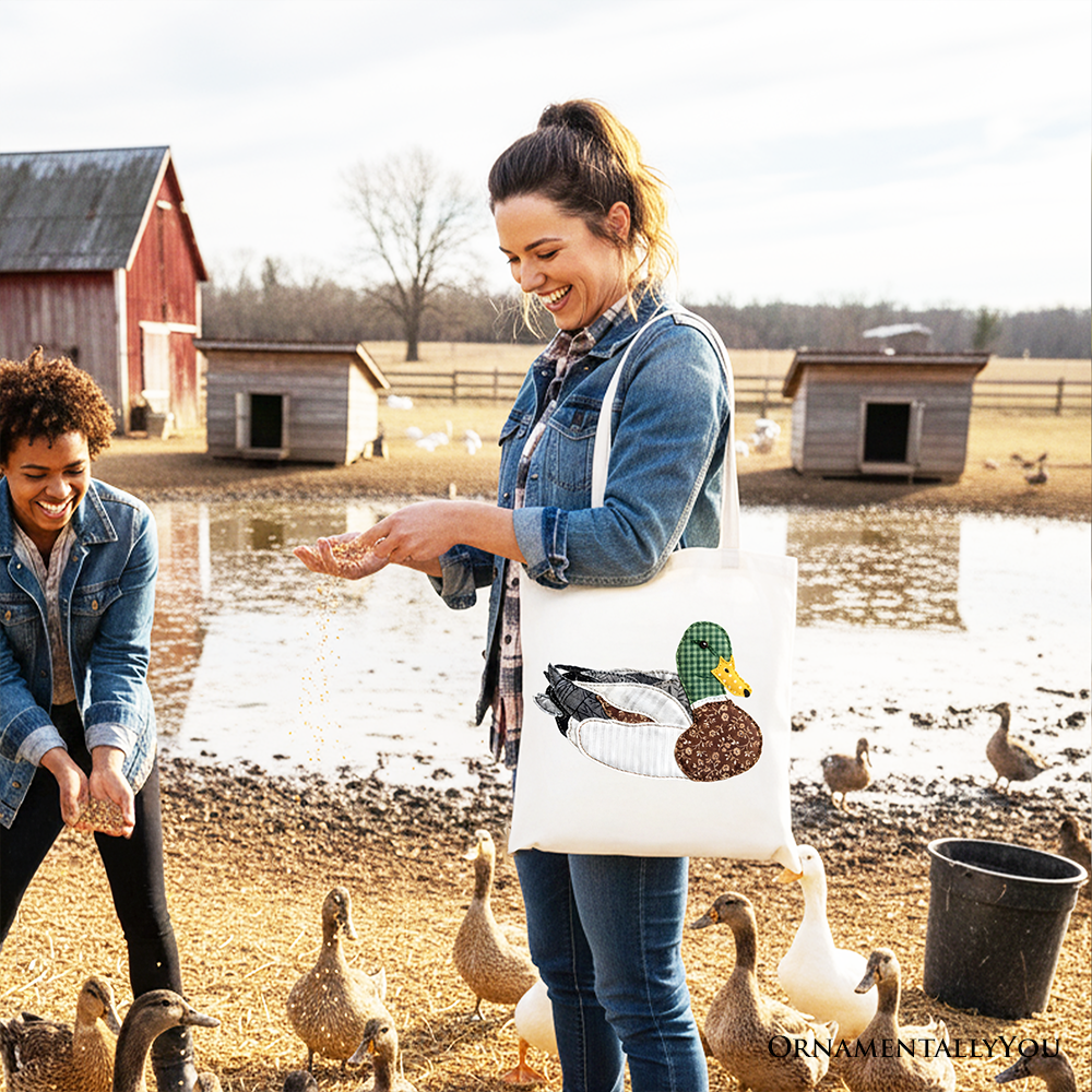 Mallard Duck Patchwork Cotton Tote Bag, Earth Tone Shopper