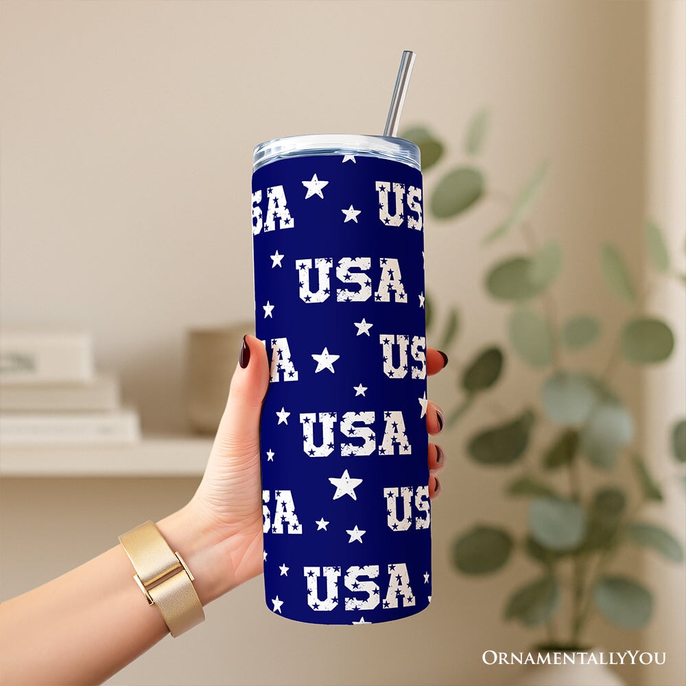Navy USA Block Letters 20oz Personalized Patriotic Travel Tumbler