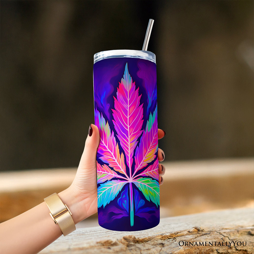 Neon Cannabis Leaf 20oz Personalized Tumbler with Stainless Straw