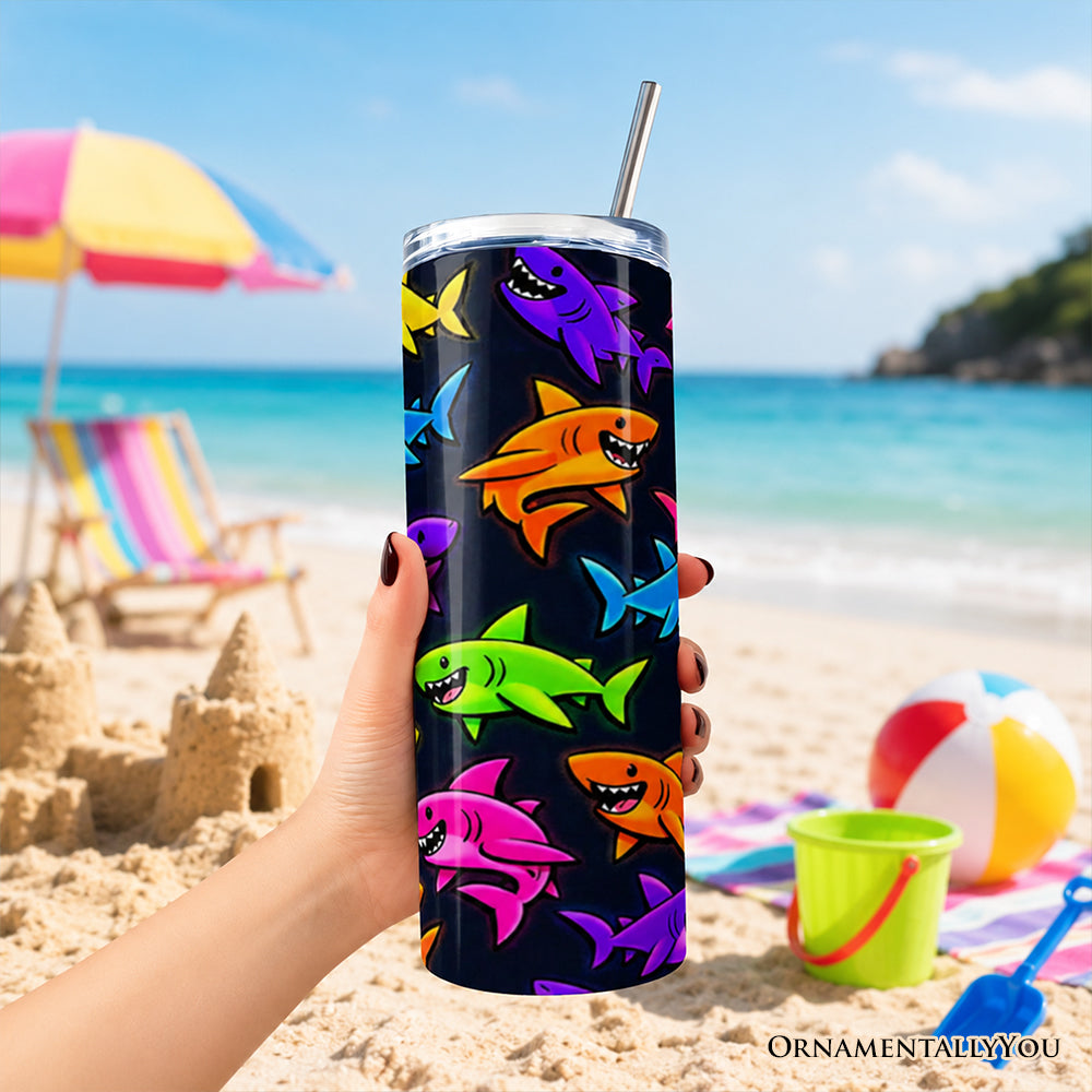 Neon Cartoon Shark 20oz Tumbler with Straw, Playful Ocean Animal Cup