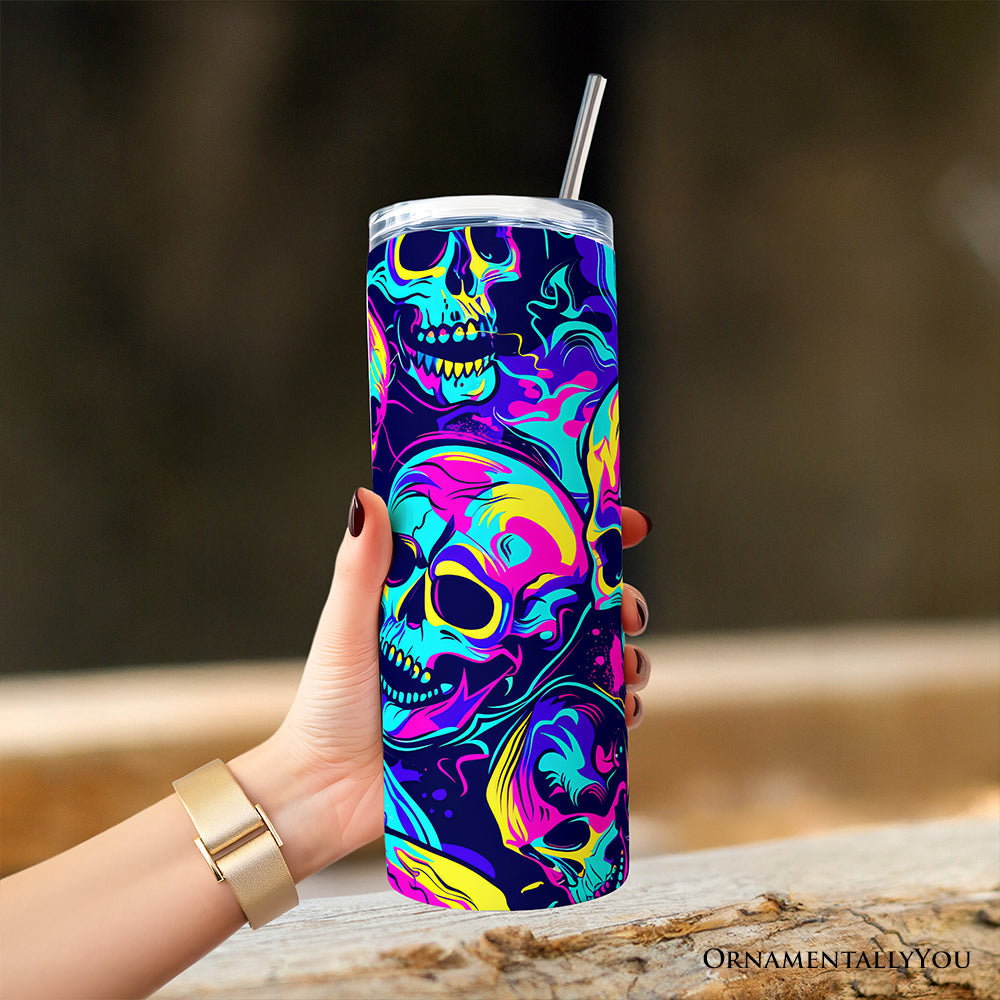 Neon Skull Chaos 20oz Personalized Tumbler, Gothic Travel Mug