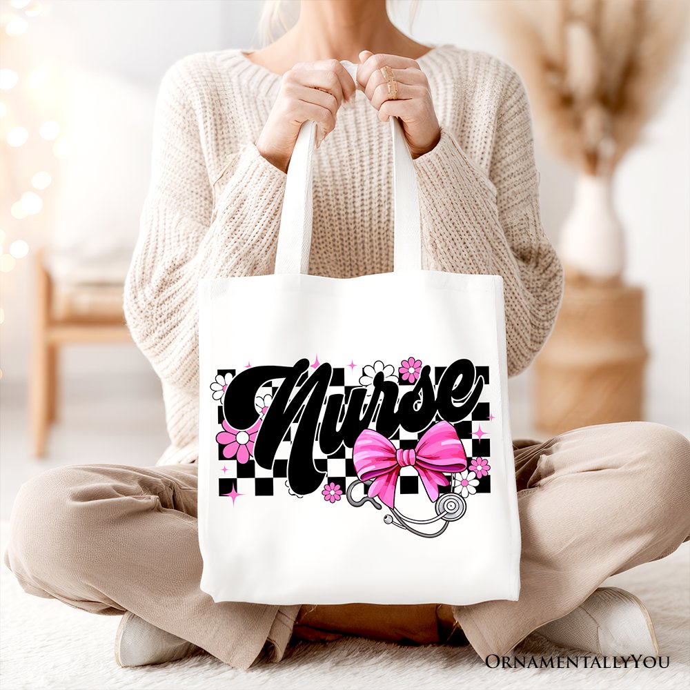 Floral Nurse Tote Bag with Pink Bow and Stethoscope Print
