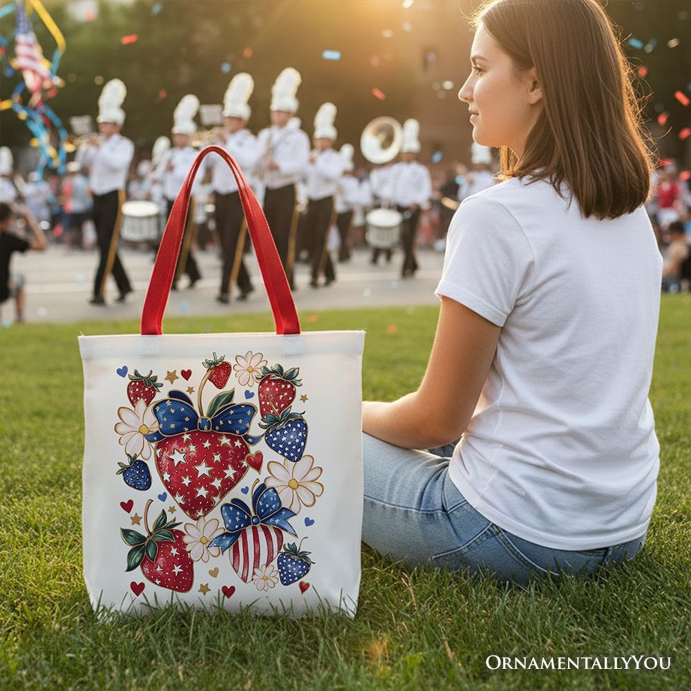Patriotic Strawberry Floral Canvas Tote, Festive Boho Shopper