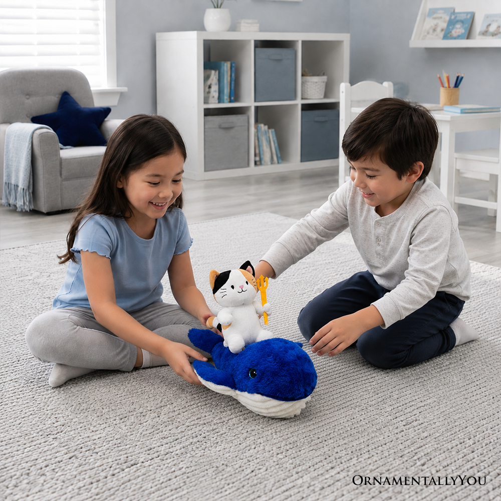 Pawseidon Cat Riding a Whale Plushie Set, 16" Funny Ocean Stuffed Animal Gift for Kids and Teens