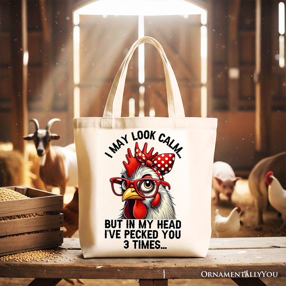 Sassy Chicken Tote Bag with Red Glasses and Bow Graphic