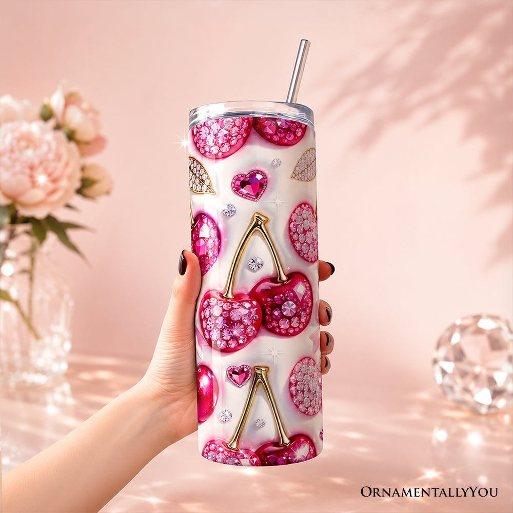 Pink Rhinestone Cherry Bow 20oz Personalized Tumbler with Straw