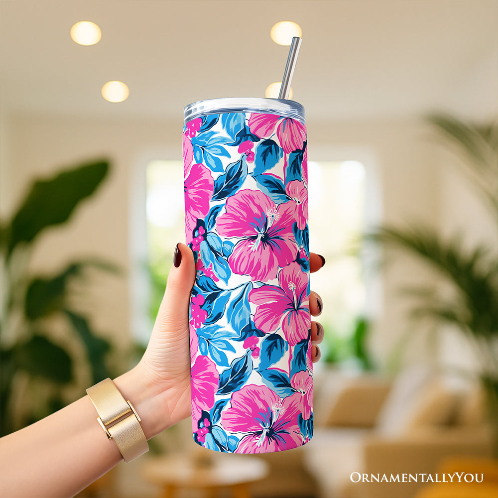 Pink and Blue Hibiscus 20oz Stainless Steel Travel Tumbler