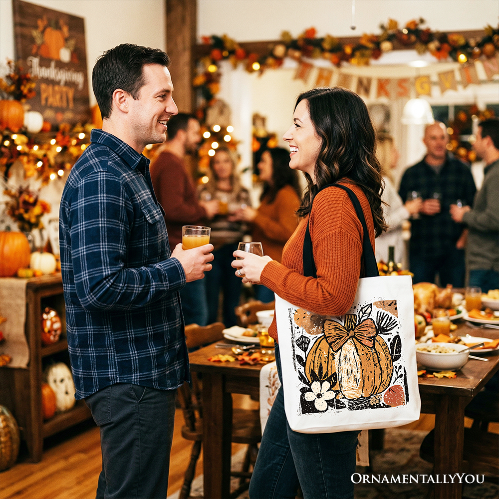 Pumpkin Fall Floral Tote Bag, Thanksgiving Coquette Bow Shopper