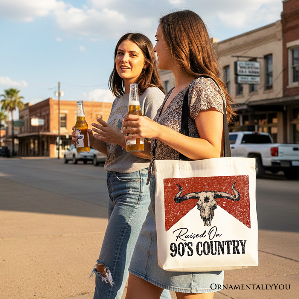 Raised On 90s Country Tote Bag, Vintage Bull Skull Shopper