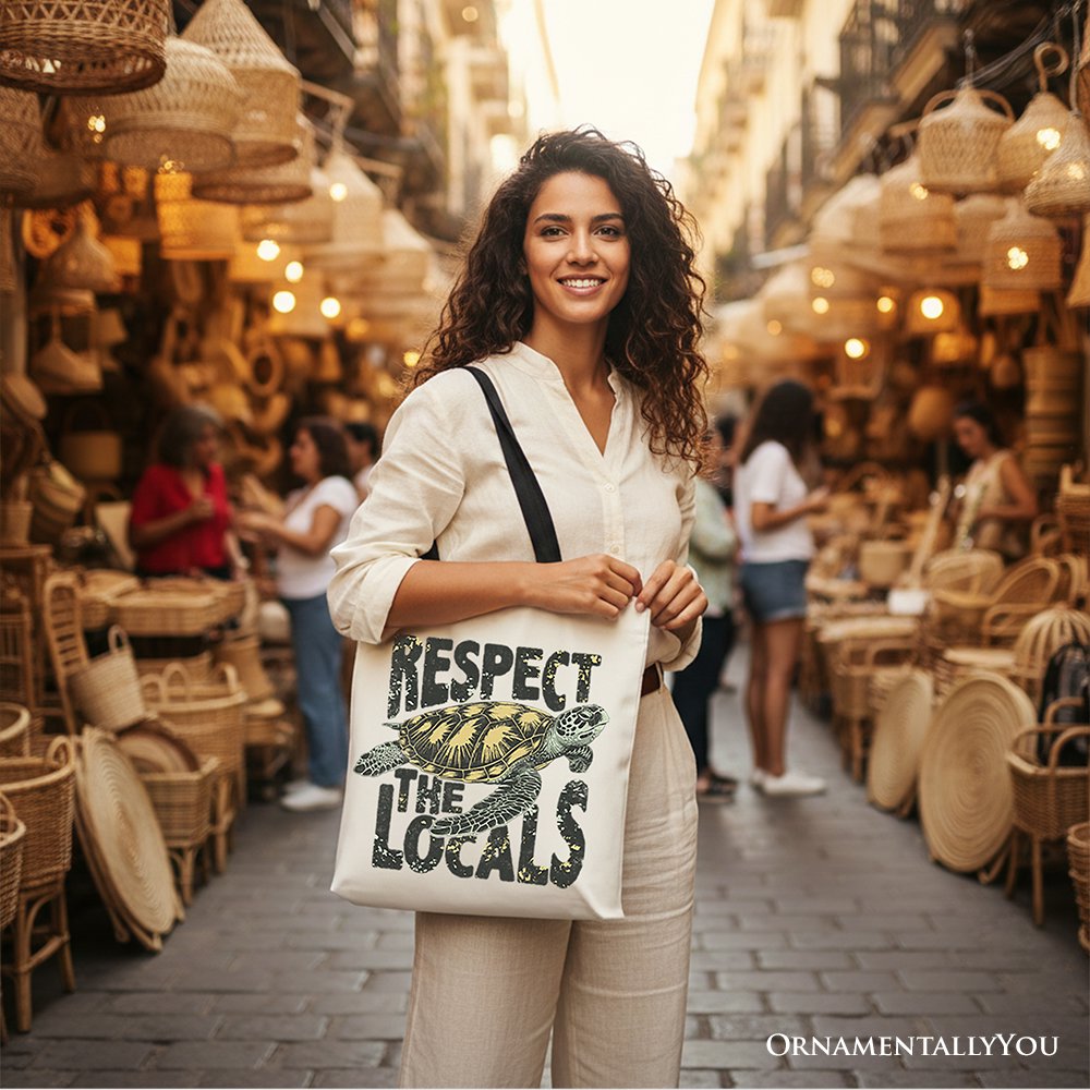 Respect the Locals Sea Turtle Canvas Tote Bag, Coastal Beach Tote