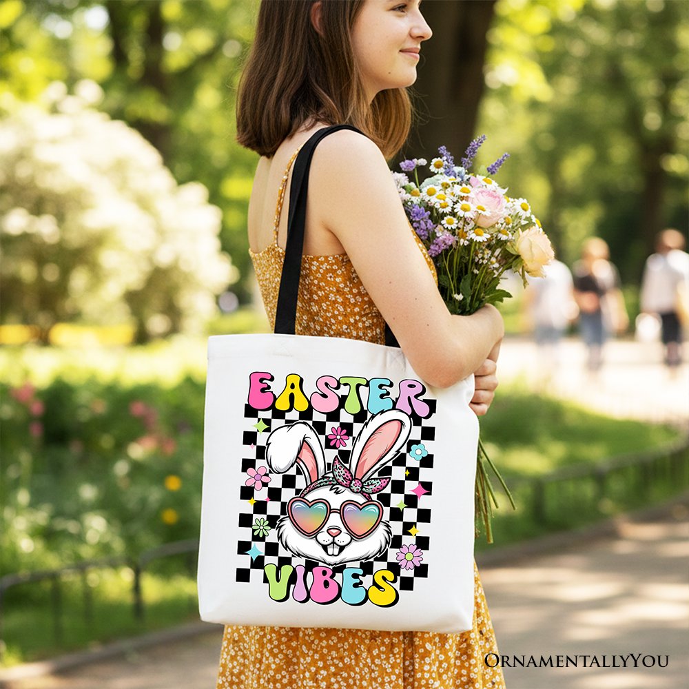 Retro Easter Bunny Sunglasses Tote Bag, Colorful Checkered Shopper