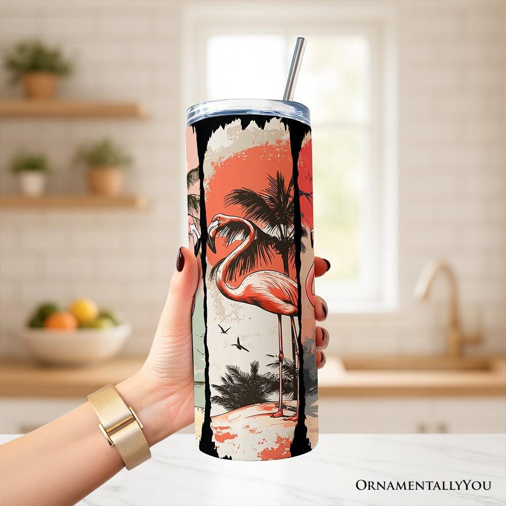 Retro Flamingo Beach 20oz Personalized Tumbler with Stainless Straw