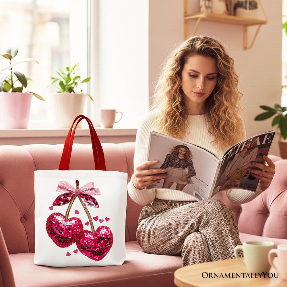 Sequin Pink Cherry Heart Canvas Tote Bag Coquette Gift