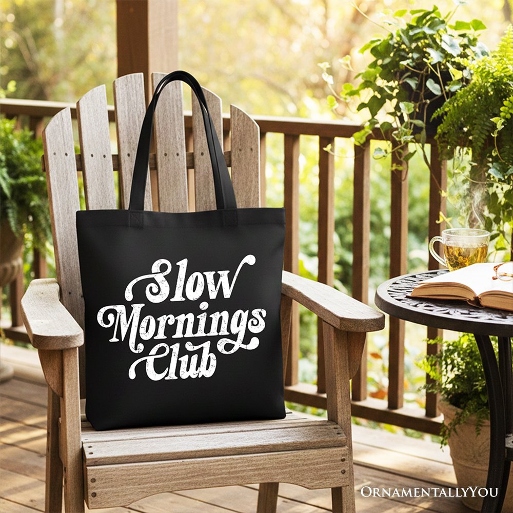 Slow Mornings Club Canvas Tote Bag, Minimalist Vintage Shopper