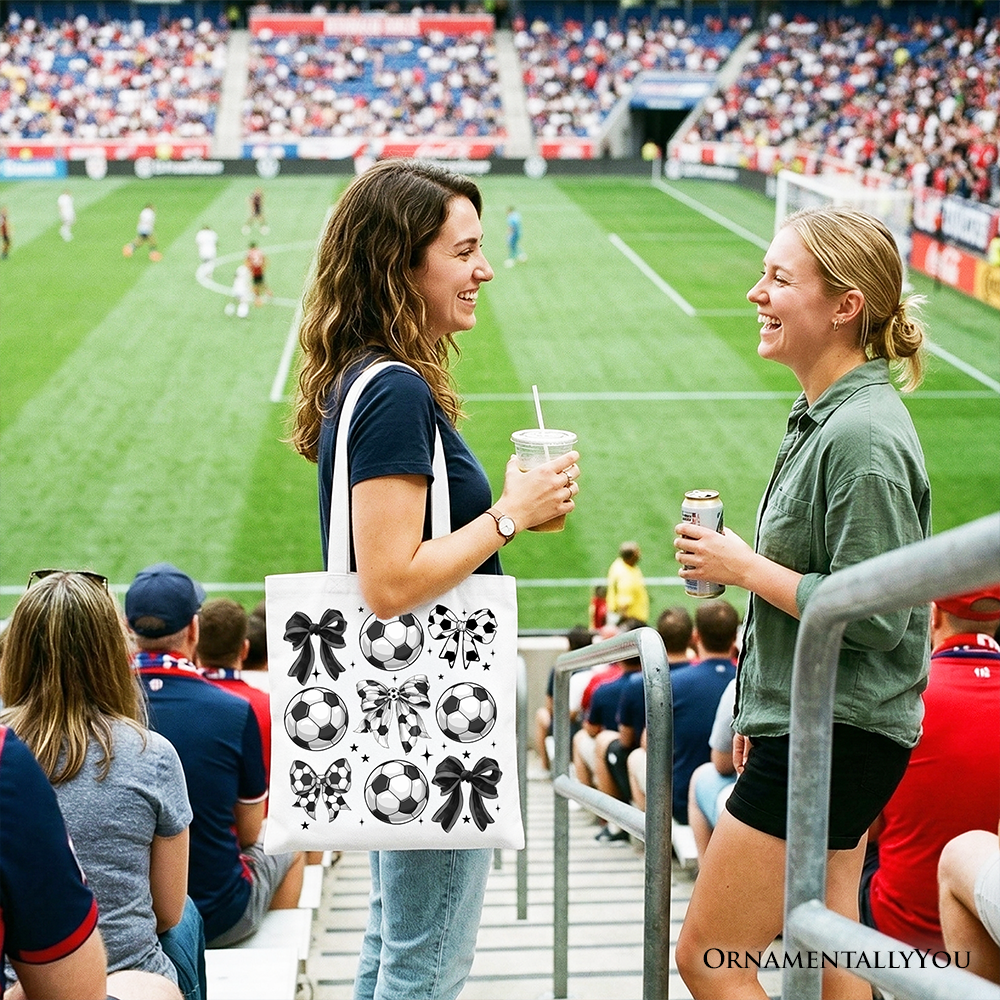 Soccer Mom Tote Bag with Coquette Bows, Sporty Preppy Cotton Shopper