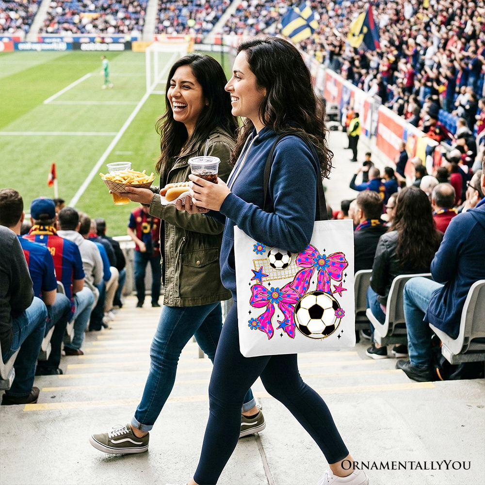 Soccer Coquette Pink Bow Tote Bag, Preppy Game Day Shopper