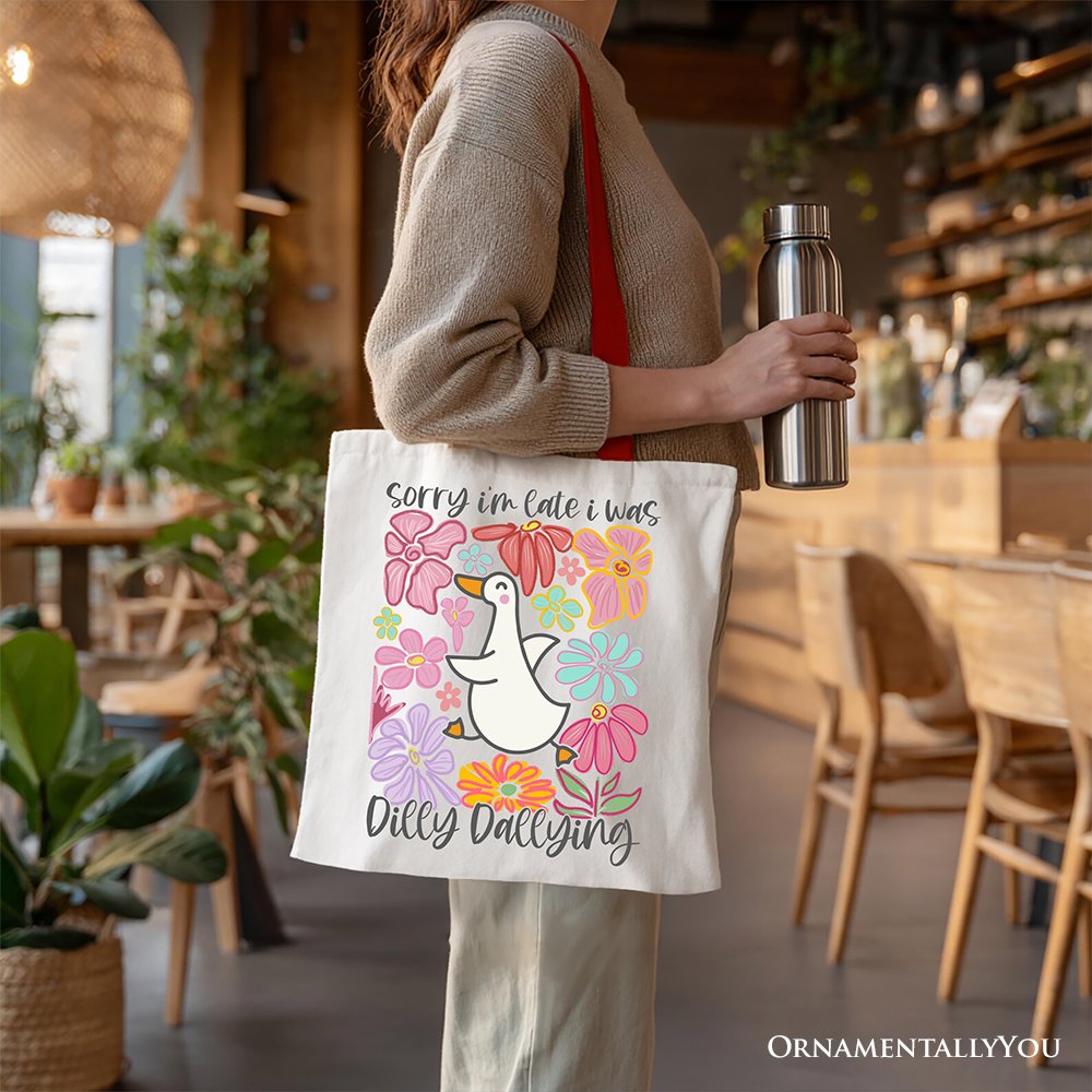Dilly Dallying Goose Floral Canvas Tote Bag, Whimsical Gift