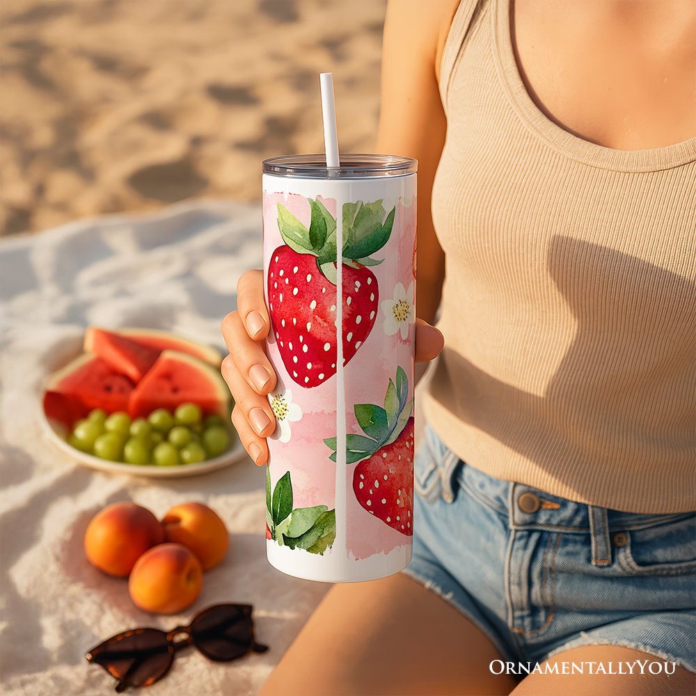 Strawberry Pattern 20oz Personalized Travel Mug with Straw