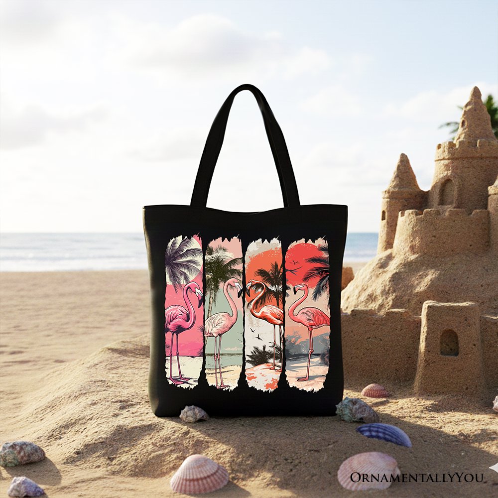 Summer Flamingo Beach Tote Bag, Tropical Sunset Retro Shopper